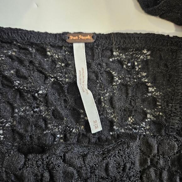 FREE PEOPLE Spring Fling Floral Knit Top Black NWT NEW Medium Crop Puff Sleeves - Picture 3 of 6